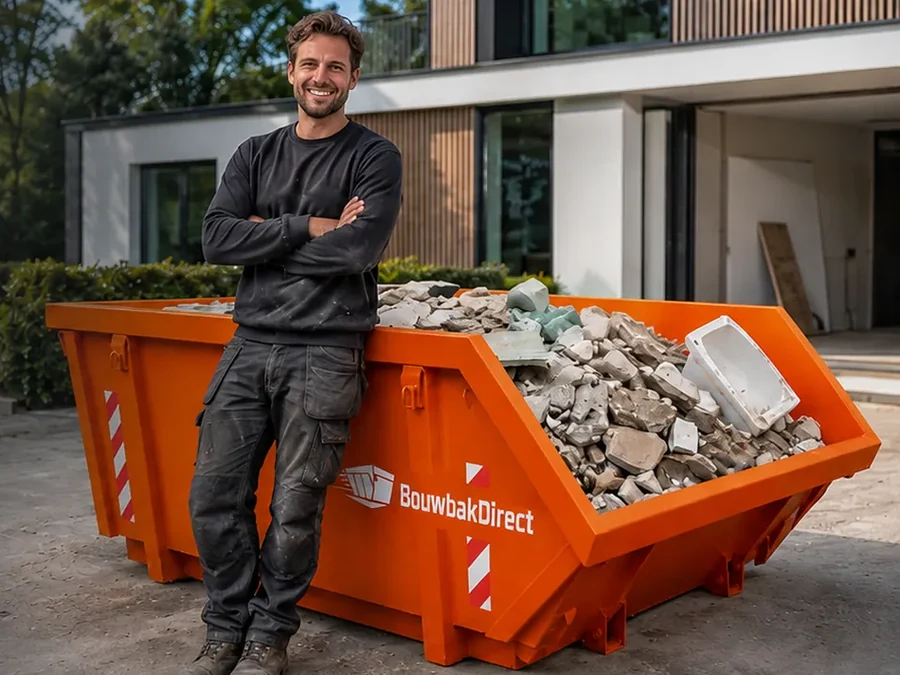 Oranje afvalcontainer van BouwbakDirect op de oprit voor een woning in verbouwing