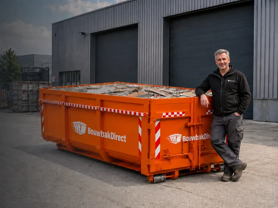 Grote oranje afzetcontainer van BouwbakDirect voor een bedrijfspand