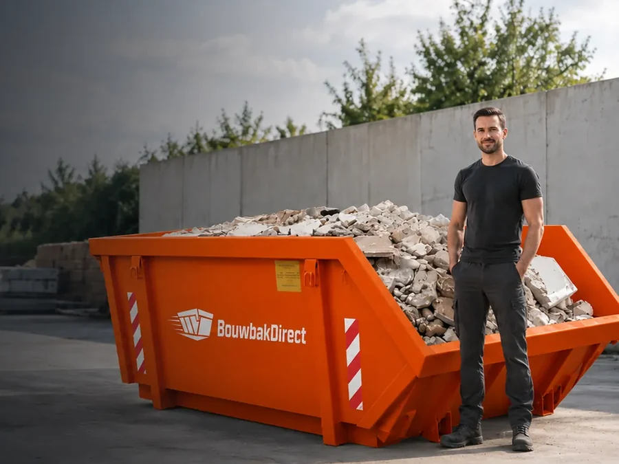 Oranje afvalcontainer van BouwbakDirect gevuld met puin, met een medewerker ernaast
