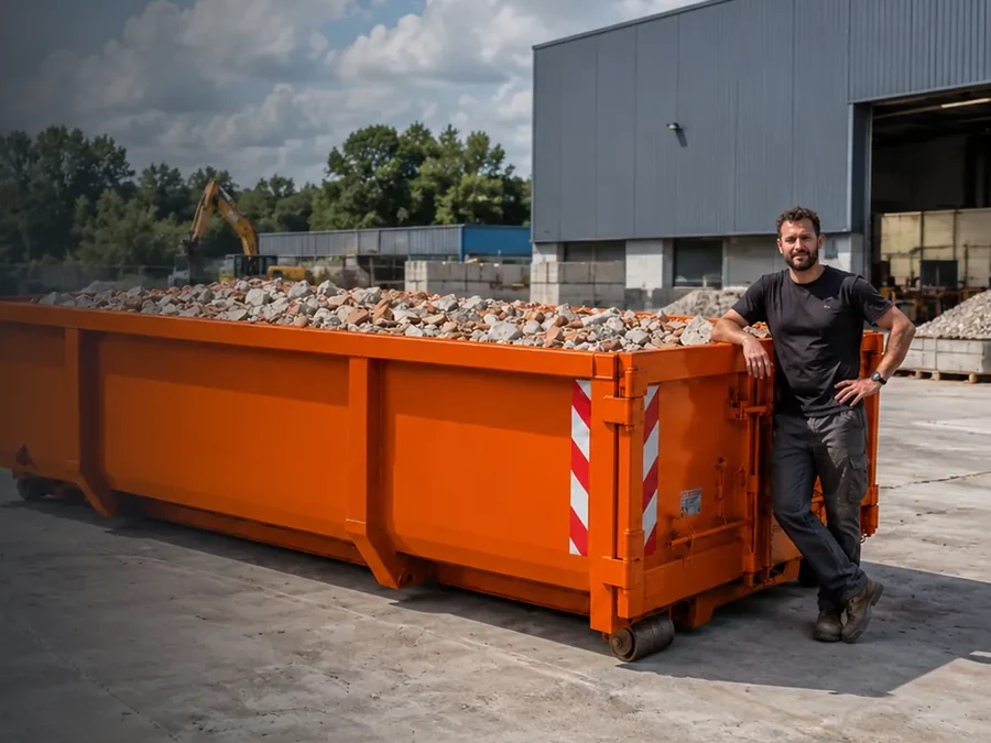 Oranje afzetcontainer van BouwbakDirect gevuld met puin, met een medewerker ernaast