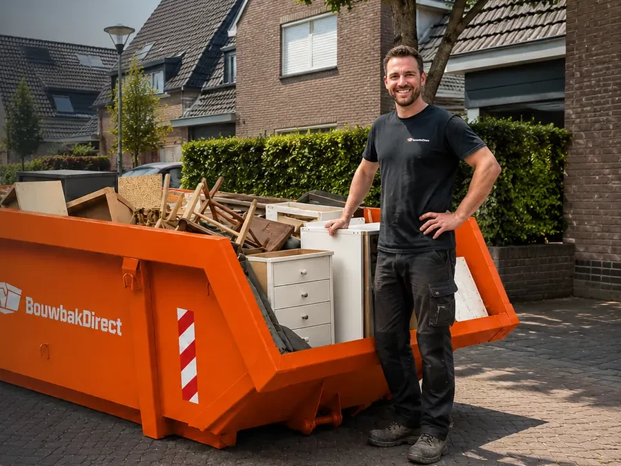 Oranje afvalcontainer van BouwbakDirect op straat voor een rijtjeswoning