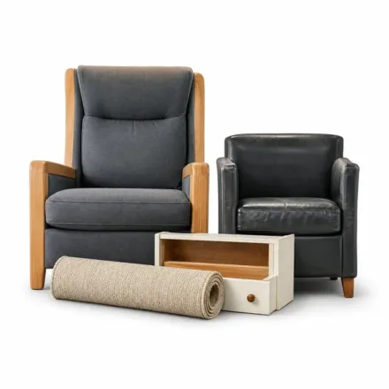 Grofvuil met twee fauteuils, een opgerold tapijt en een houten lade