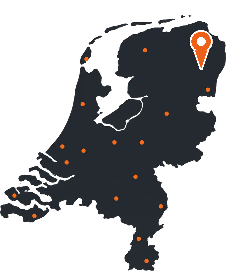 Kaart van Nederland met een markering op Assen