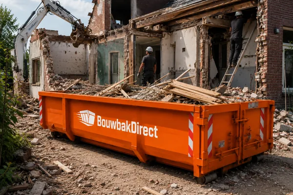Afvalcontainer vol puin en sloophout bij een woning die wordt gesloopt, met graafmachine en twee werklieden