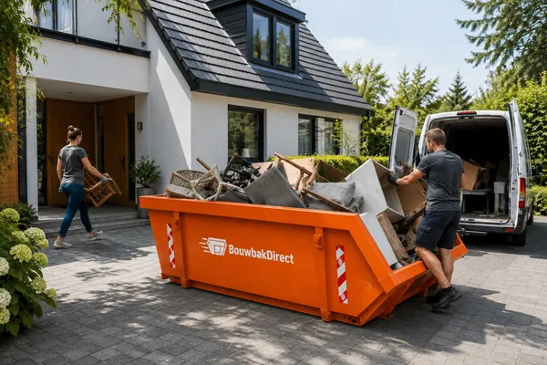 Afvalcontainer op een oprit waar meubels en huisraad in worden geladen tijdens een verhuizing