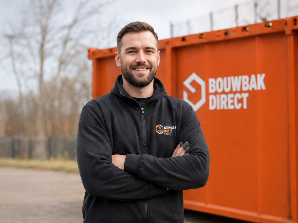 Medewerker van BouwbakDirect met gekruiste armen voor een oranje BouwbakDirect-container